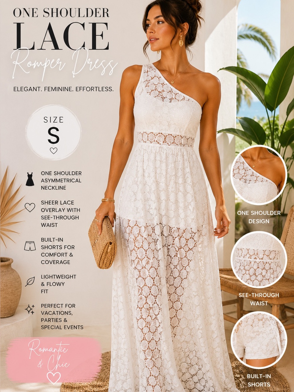 White One Shoulder Lace Overlay Romper Dress Size S
